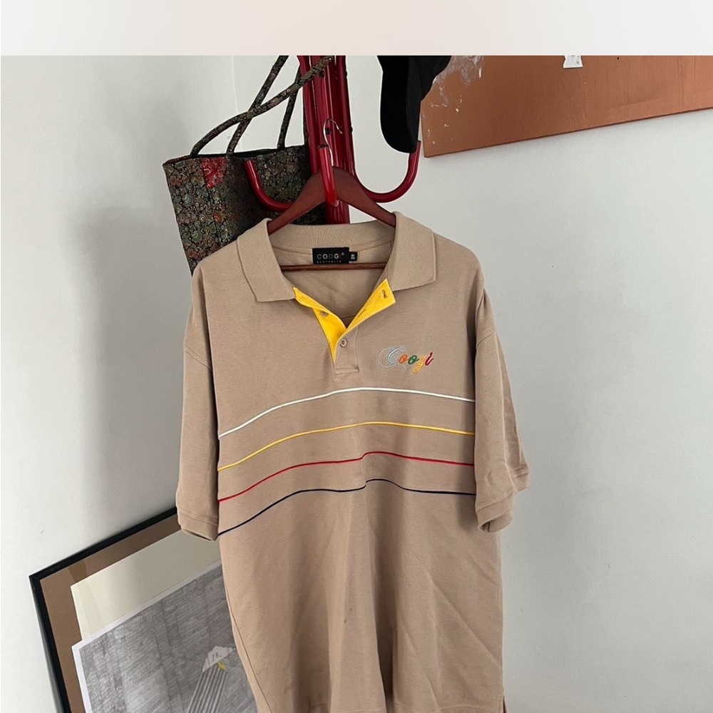 Coogi Men's Tan Polo Shirt with Multicolor Stripes
